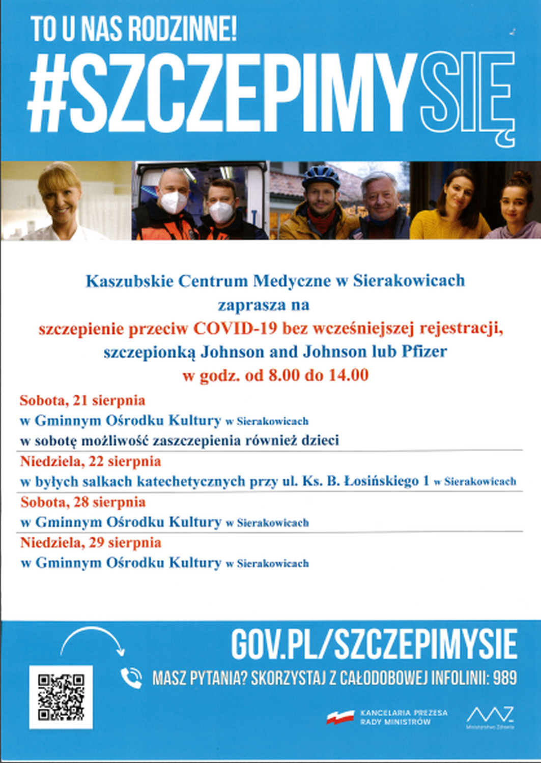 Zaproszenie Kaszubskiego Centrum Medycznego w Sierakowicach na szczepienie przeciw COVID-19 w dniach 21, 22, 28 i 29 sierpnia 2021 r. w godzinach 8.00 - 14.00 